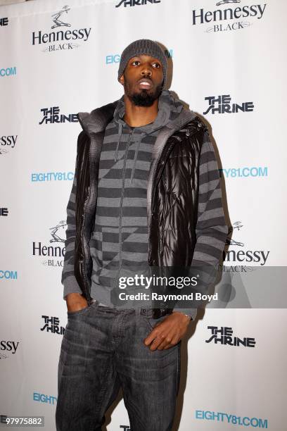 Chicago Bulls basketball player Hakim Warrick poses on the black carpet at The Shrine in Chicago, Illinois on MARCH 18, 2010.