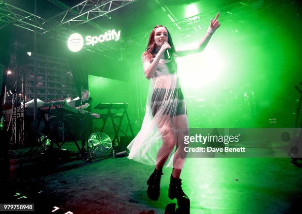 Lauren Mayberry of Chvrches performs on stage at The Spotify Beach during Cannes Lions Festival 2018 on June 20, 2018 in Cannes, France.