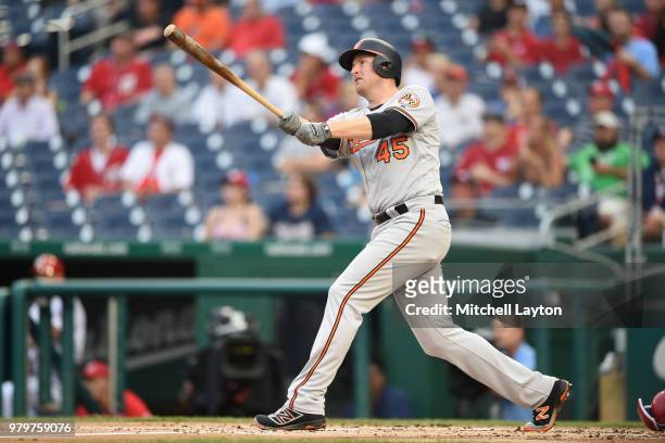 Mark Trumbo of the Baltimore Orioles hits a two run home run in the second inning during a baseball game against the Washington Nationals at...