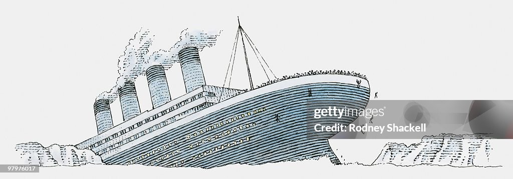 Black and white illustration of passenger falling from the sinking Titanic