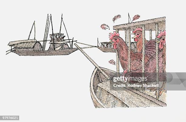 Illustration Of Chickens On Chinese Junk Ship High-Res Vector Graphic