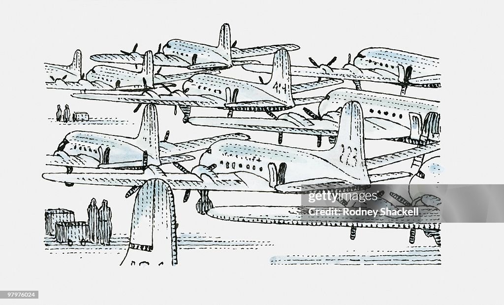 Black and white illustration of numerous commercial aircraft