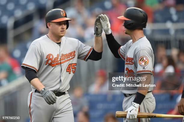 Mark Trumbo of the Baltimore Orioles celebrates a two run home run with Caleb Joseph during a baseball game against the Washington Nationals at...