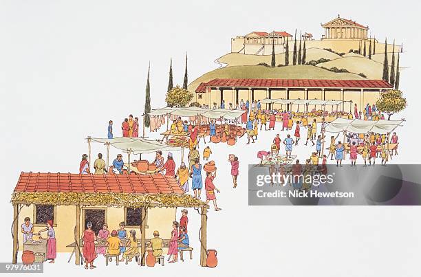 illustrations, cliparts, dessins animés et icônes de illustration of ancient greek market with acropolis in background - grèce antique