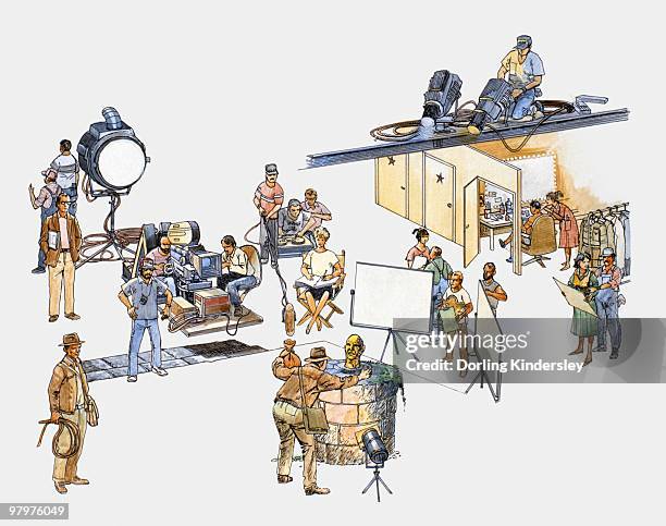 illustration of actors, technicians, and production team on film set - behind the scene stock illustrations