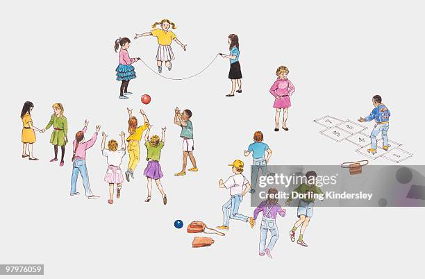 ilustraciones, imágenes clip art, dibujos animados e iconos de stock de illustration of children playing tag, hopscotch, piggy in the middle and skipping - brincar