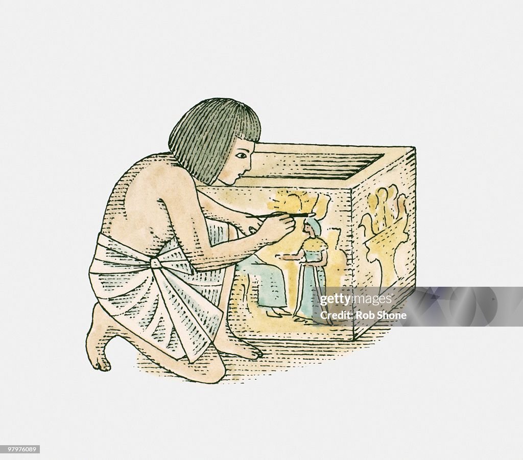 Illustration of Ancient Egyptian boy painting people on stone