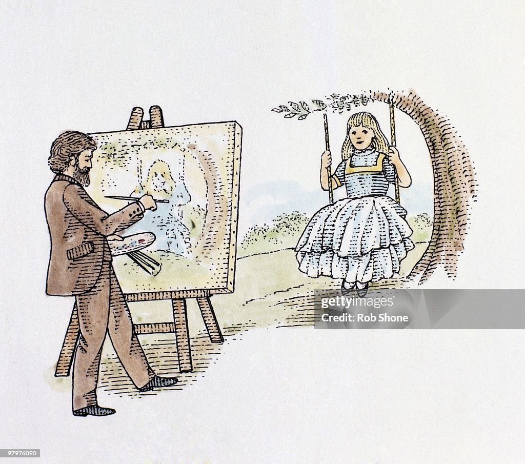 Illustration of late 19th century artist painting portrait of young girl on swing