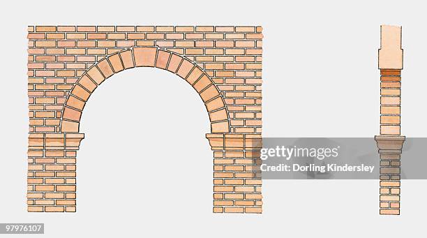 illustration of arch showing voussoir, keystone, crown, intrados, springing point, abutment, and imp - abutment stock illustrations