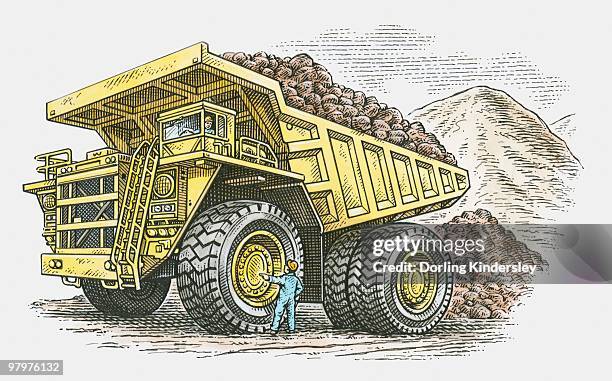 stockillustraties, clipart, cartoons en iconen met illustration of man standing near wheel of giant dumper truck - dumper
