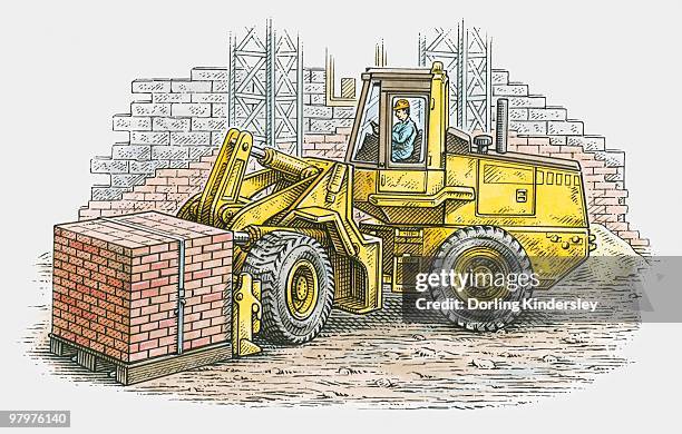 illustration of man using wheel loader to pick up stack of bricks - wheel loader stock-grafiken, -clipart, -cartoons und -symbole