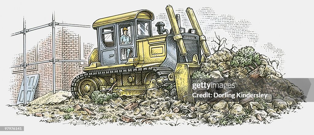 Illustration of man using bulldozer on construction site