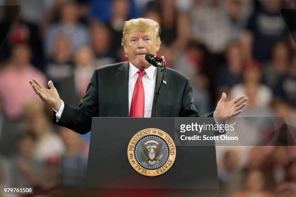 President Donald Trump speaks to supporters during a campaign rally at the Amsoil Arena on June 20, 2018 in Duluth Minnesota. Earlier today President...
