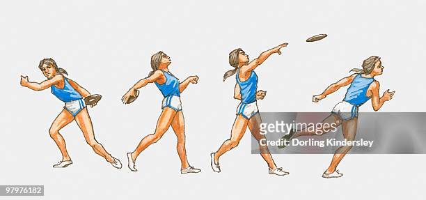 sequence of illustrations showing female athlete throwing discus - discus 幅插畫檔、美工圖案、��卡通及圖標