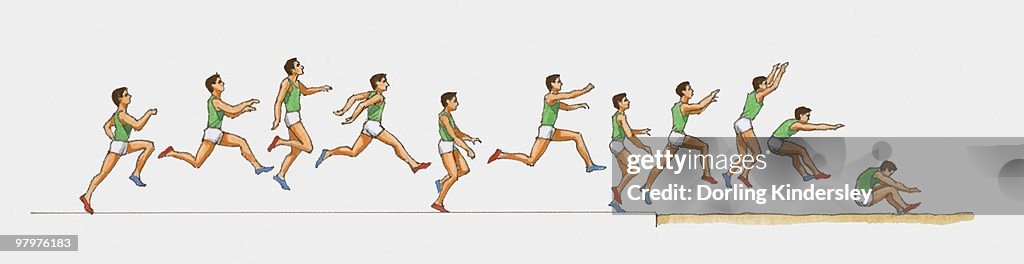 Sequence of illustrations of male athlete competing in triple jump