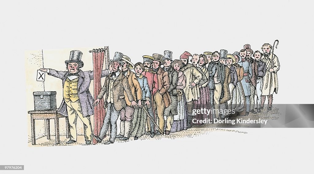 Illustration of man placing voting slip in ballot box at front of long line of voters
