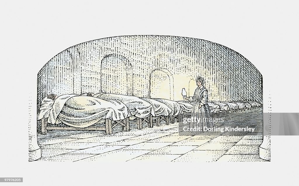 Black and white illustration of Florence Nightingale walking with lamp near beds of injured Soldiers