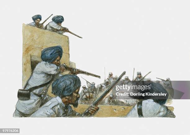 stockillustraties, clipart, cartoons en iconen met illustration depicting sepoy firing on british soldiers during indian rebellion of 1857 - studio shot