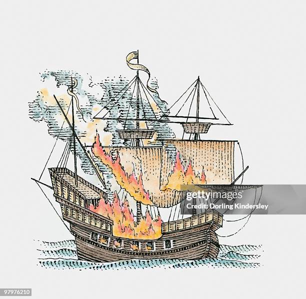illustrations, cliparts, dessins animés et icônes de illustration of galleon in flames on sea - galleon