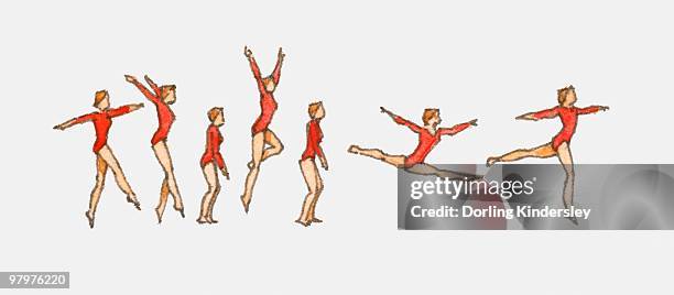 sequence of illustrations showing female gymnast competing on floor - acrobats stock illustrations