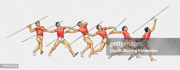 sequence of illustrations showing male athlete throwing javelin - javelin stock-grafiken, -clipart, -cartoons und -symbole