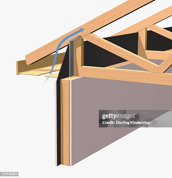 raised heel truss on roof, close-up - roof truss stock illustrations