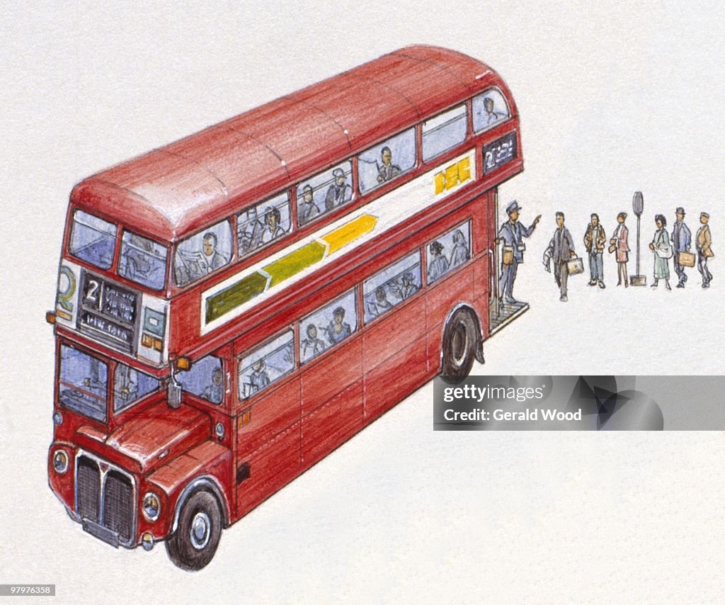 Illustration of people waiting in line to board London routemaster double-decker bus