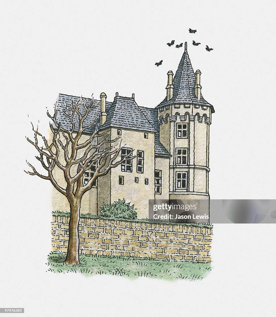 Illustration of bats flying above gothic castle tower