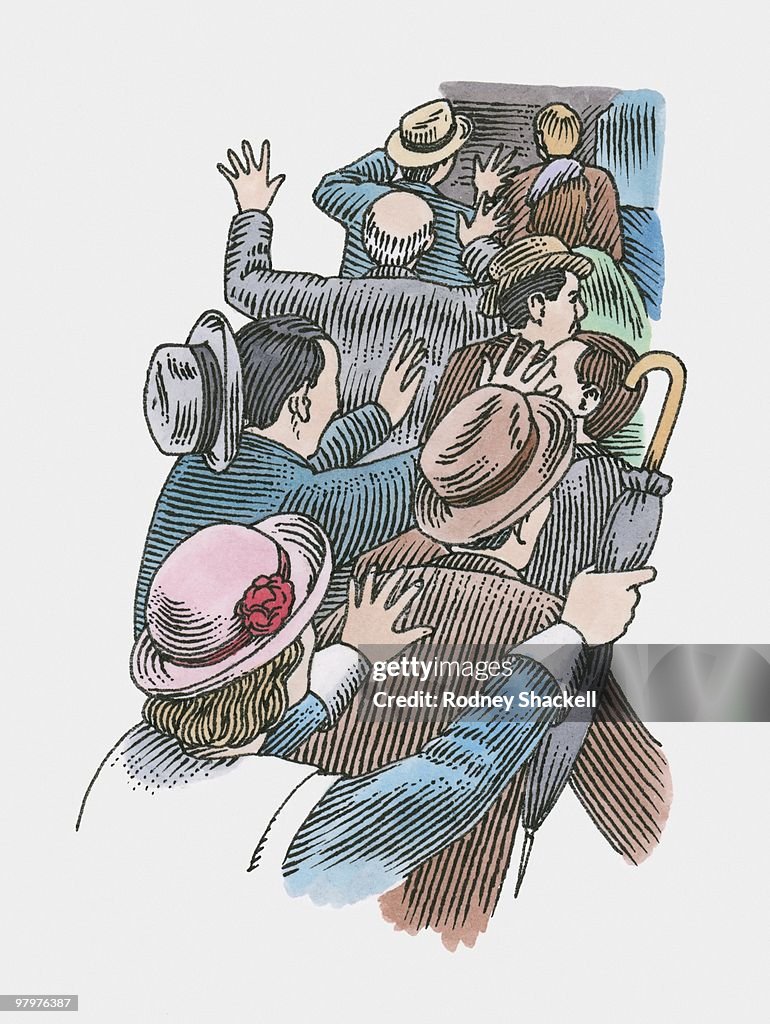 Illustration of men and women in rush to leave building