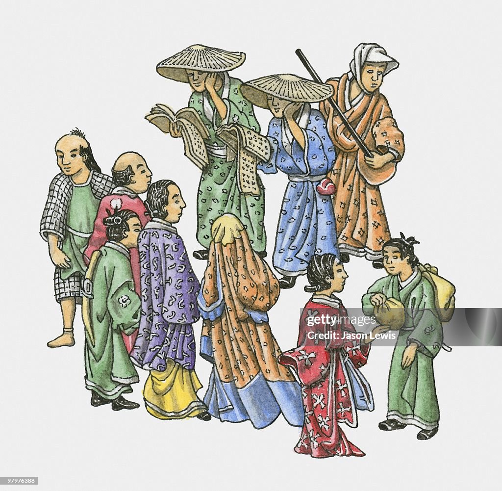 Illustration of Japanese men reading to group of people