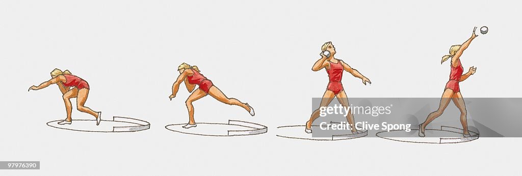 Sequence of illustrations of female athlete throwing shot put in four movements