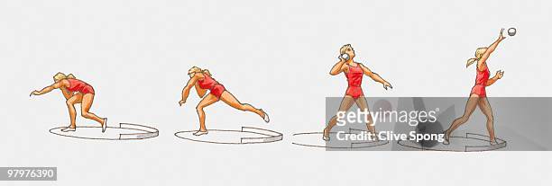 sequence of illustrations of female athlete throwing shot put in four movements - shot put stock illustrations