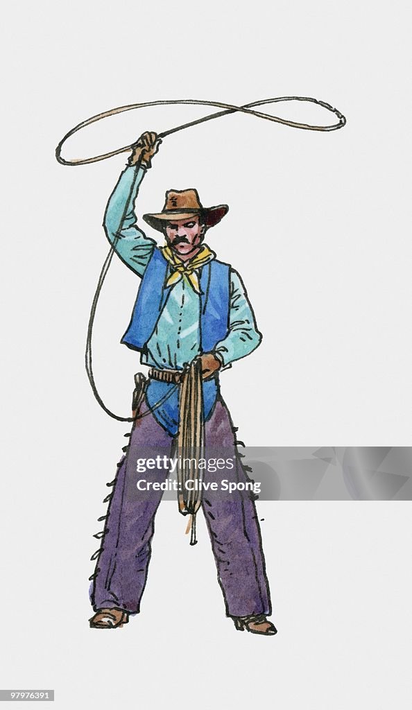 Illustration of cowboy with lasso above head