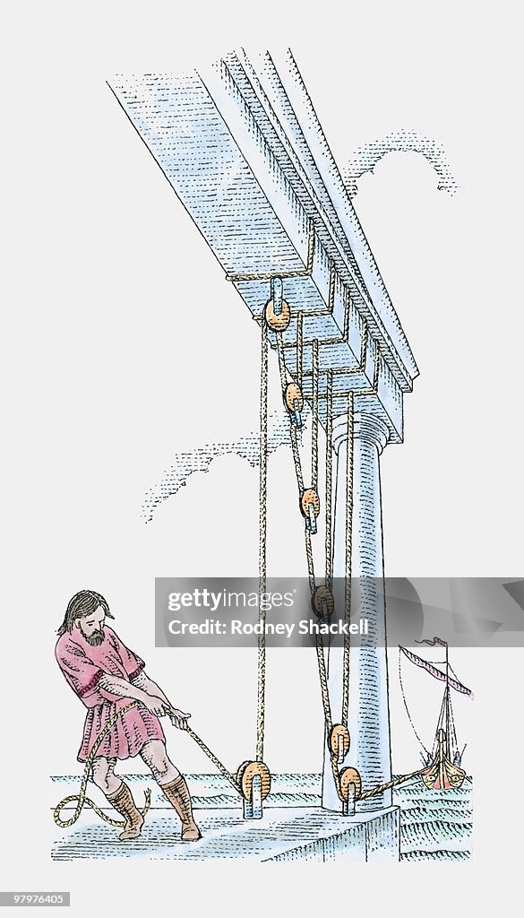 Illustration of man using pulley system to haul ship which has run aground into open water