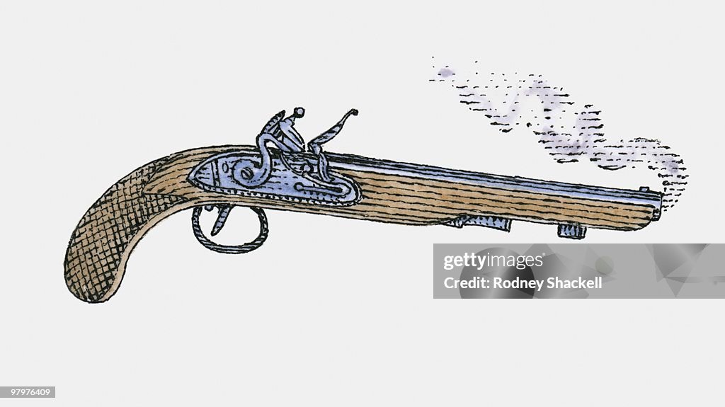 Illustration of smoking flintlock pistol