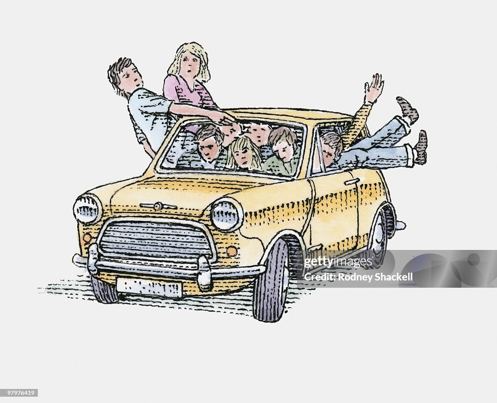 Illustration of young people crowded into Mini