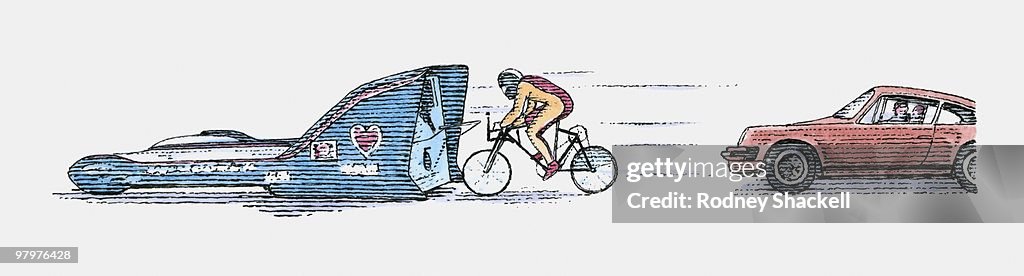 Illustration of man reaching high speed on bicycle in slipstream of vehicle