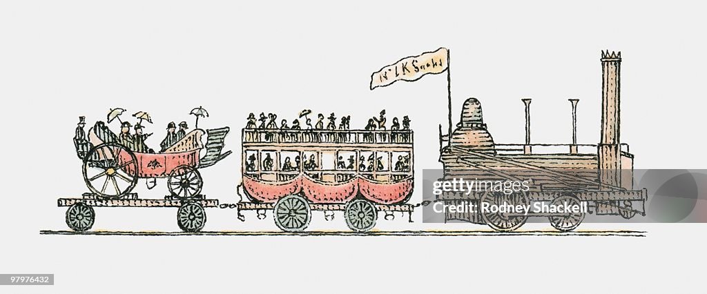 Illustration of early steam train pulling carriage of passengers and horsedrawn carriage without hor