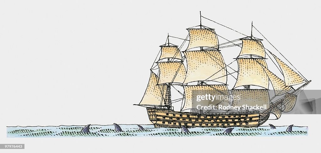 Illustration of late 18th century warship sailing in sea of sharks