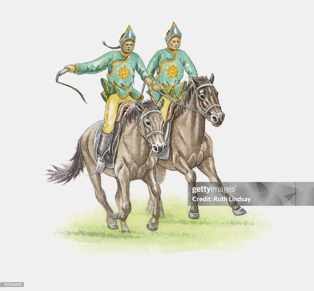 Illustration of two 13th century Mongolian soldiers on horseback