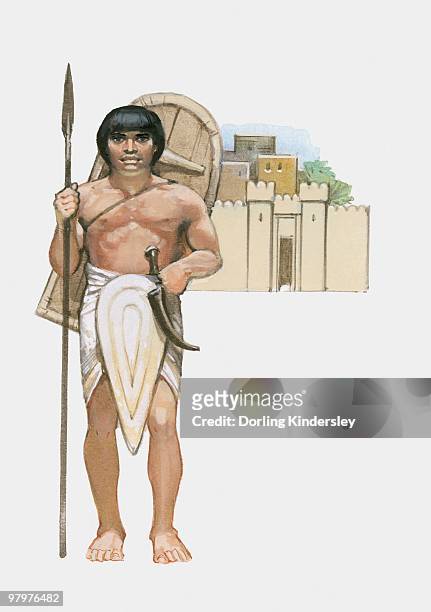 ilustrações de stock, clip art, desenhos animados e ícones de illustration of ancient egyptian soldier holding spear in front of building - egipto antigo