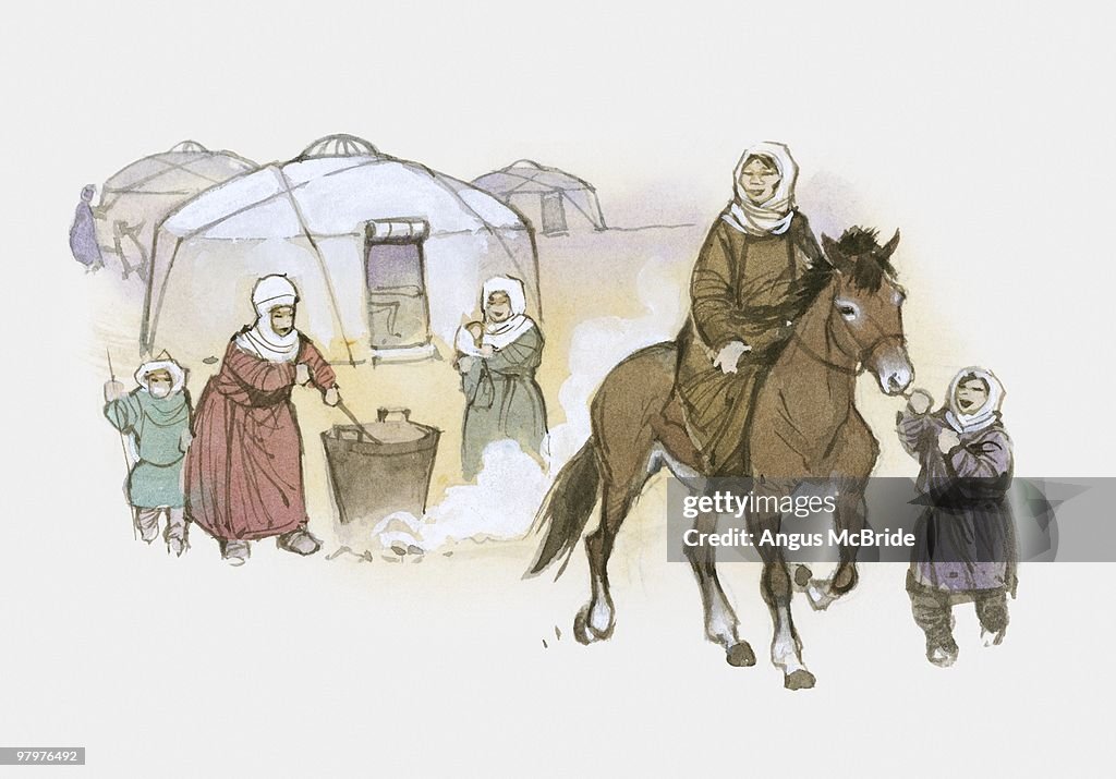 Illustration of Mongolian family and yurts