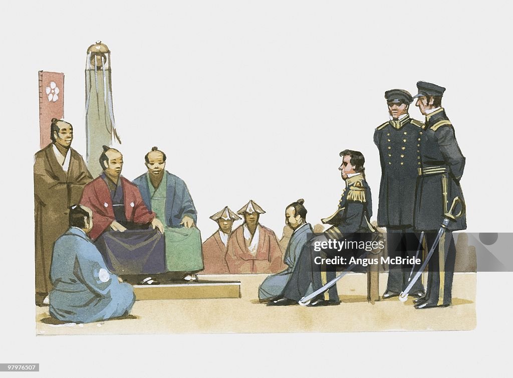 Illustration of US Navy Commodore Perry negotiating with Japanese leaders in 1853