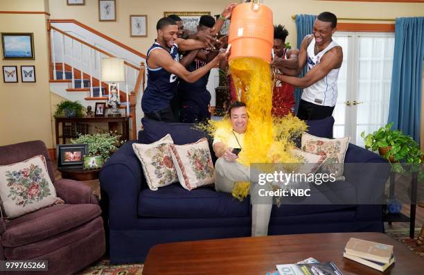 Episode 0888 -- Pictured: Mikal Bridges, Jaren Jackson, DeAndre Ayton, Trae Young, Collin Sexton, Wendell Carter Jr. During an "NBC Draft Sitcom...