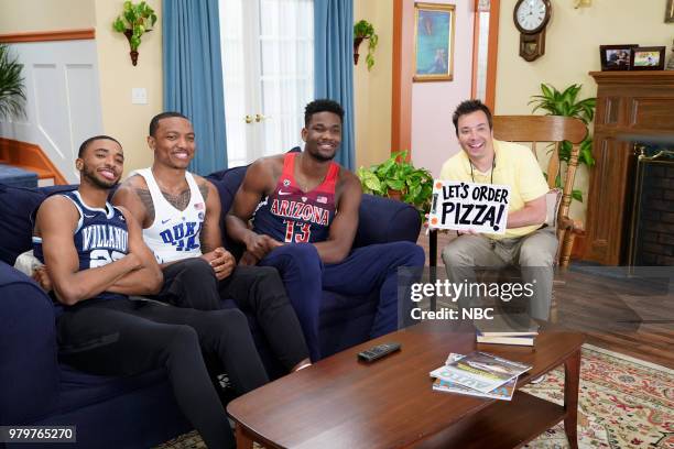 Episode 0888 -- Pictured: Mikal Bridges, Wendell Carter Jr., DeAndre Ayton during an "NBC Draft Sitcom Opening - 'Play by Play'" with host Jimmy...