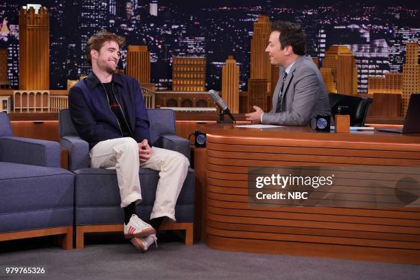 Episode 0888 -- Pictured: Actor Robert Pattinson during an interview with host Jimmy Fallon on June 20, 2018 --