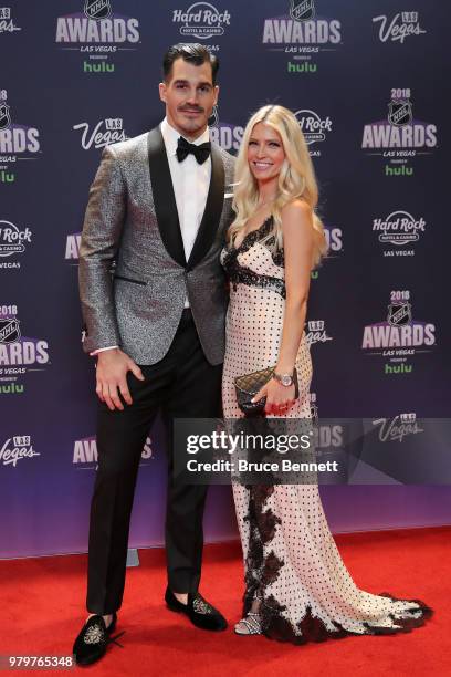 Brian Boyle of the New Jersey Devils and his wife, Lauren, arrive at the 2018 NHL Awards presented by Hulu at the Hard Rock Hotel & Casino on June...