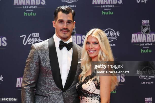 Brian Boyle of the New Jersey Devils and his wife, Lauren, arrive at the 2018 NHL Awards presented by Hulu at the Hard Rock Hotel & Casino on June...