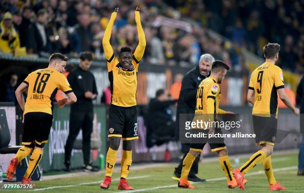 March 2018, Germany, Dresden: 2nd division Bundesliga, Dynamo Dresden vs 1. FC Heidenheim, DDV stadium: Dresden's goal scorer Moussa Kone from...