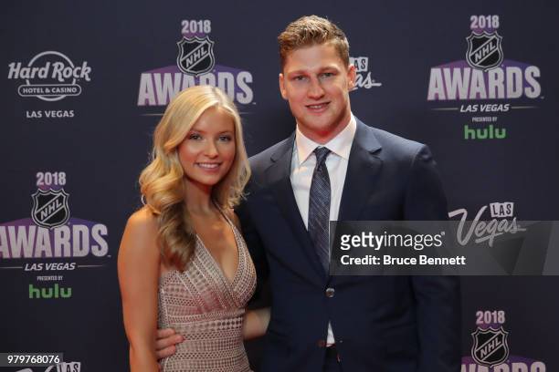 Nathan MacKinnon of the Colorado Avalanche and guest arrive at the 2018 NHL Awards presented by Hulu at the Hard Rock Hotel & Casino on June 20, 2018...